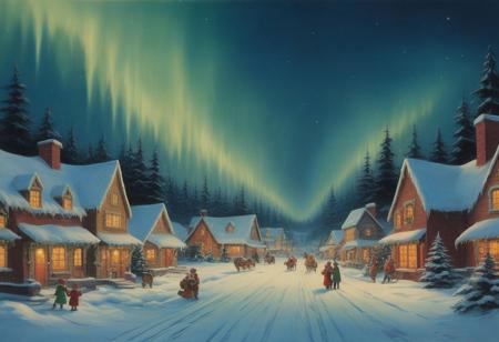 vintage painting of a christmas village at the north pole, aurora in sky, christmas night, celebration, santa in sky, santa is leaving on christmas night,