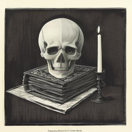 portrait of a skull, drawing, detailed ,old paper, dark, monograph, ((black and white)), film grain, faded, scary <lora:monochrome :1>