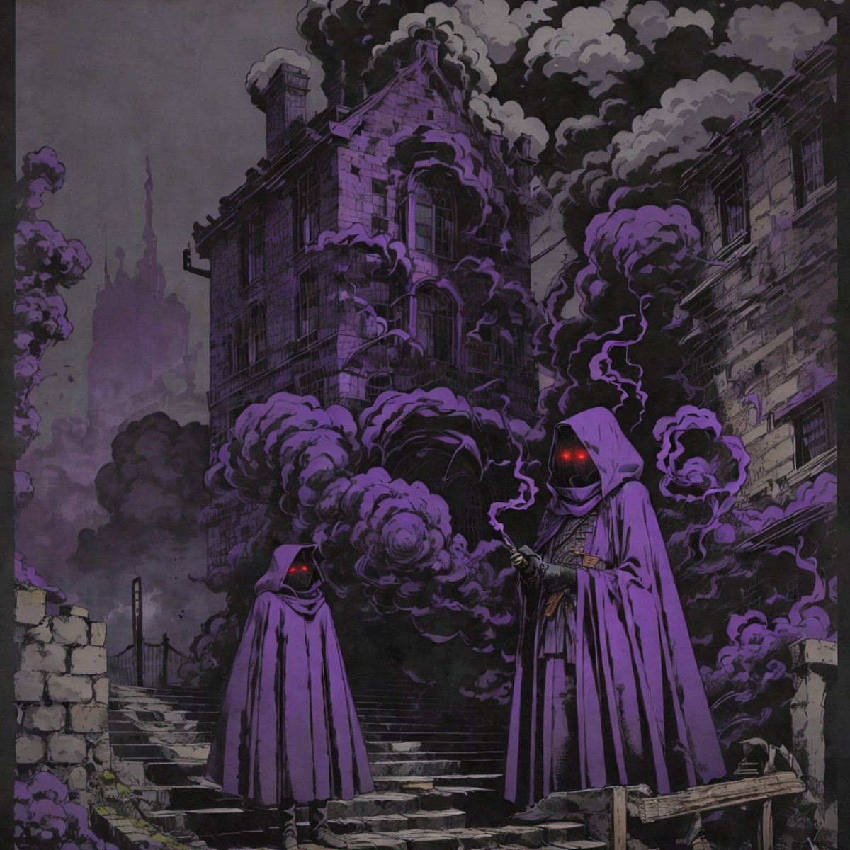 <lora:fantasyV1.1:1> a purple and black poster with a person in a cloak standing in front of a building with smoke coming ...