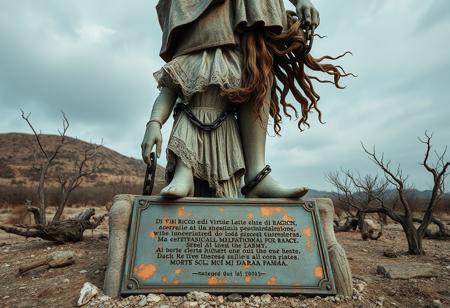 {
"prompt": "In the heart of a desolate landscape, a colossal statue rises, half man, half woman, their body fractured and rattling from the pain of a broken soul. Dressed in a decaying 1700s costume, the intricate lace and embroidery have long been worn by time. Their long, wild hair flows down, further symbolizing their inner chaos. The figure’s feet are shackled to the ground by thick, unyielding chains, locking them in place, a metaphor for their eternal torment.
Their face is etched with suffering, eyes hollow and filled with sorrow. At the base of the statue, instead of cardboard, a large, weathered bronze plaque rests, its surface rusted and pitted with age. The ancient metal is corroded, its edges jagged and uneven, yet the engraving is still legible: 'di vizi ricco e di virtù, do lode alla ragion, ma corro ove al cor piace: morte sol mi darà fama e riposo.' The words, though eroded by time, gleam faintly in the dim light, adding a timeless weight to the message.
The rust on the plaque flakes away in places, giving it an ancient, almost sacred feel, as if it has stood there for centuries, bearing witness to the statue’s suffering. The landscape around is barren, with dark, swirling clouds above, and the wind howls softly, adding an air of desolation. The rusted bronze sign, old and worn, is a symbol of both endurance and decay, mirroring the endless torment of the chained figure above it."
}