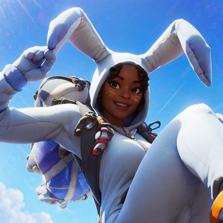 a woman skydiving in the sky, (full body) <lora:Bunny BrawlerLunaLoRA:1> luna, dressed, bunny, with, ears, and, mask, big smile, beautiful eyes, beautiful girl, high detail skin, high detail eyes, high detail hair, highres, ultra detailed, horny smile, Highly detailed,masterpiece, best quality