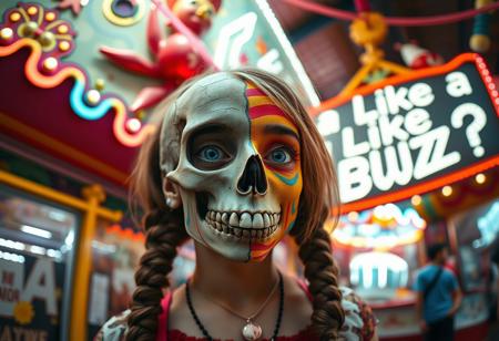 “A whimsical and surreal portrait of a girl with a distorted, comical face, featuring one eye larger than the other, vibrant face paint, and two playful braids in her hair. Half of her face is a real, bones skull, with detailed, decayed bone structure, exposing cracked and aged bones, and the skull appears lifelike yet worn with time. The other half is covered in exaggerated, colorful face paint. The skull gives off a gritty, almost macabre vibe, blending with the lively and hype atmosphere of the carnival. Captured using a 12mm fisheye cinematic prime lens for an exaggerated perspective. The setting is a lively carnival with neon lights, whimsical decorations, and a dreamy yet unsettling atmosphere. A rotten, old light banner in the background displays the text: ‘Could I receive a Like or Buzz?’ in flickering, uneven letters. The colors and contrasts are enhanced for a surreal effect, combining playful and eerie styles, with a mix of humor and dark visual artistry.”