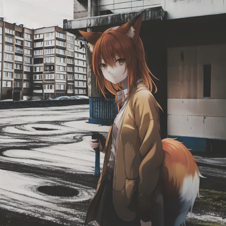 1girl, ebenya, looking at viewer, orange hair, kitsune, fox ears, fox tail, cardigan, open clothes, russian city