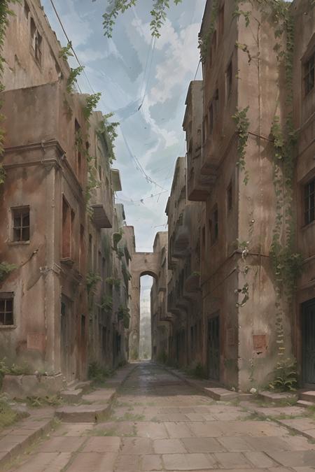 cohesive composing, confident drawing of a street depicted in perspective, dull atmosphere, the once elite district of the city is depicted as aged in the style of ancient cities, long lifeless, with crumbling plaster, partially missing cobblestones, overgrown vegetation clings to the infrastructure elements, <lora:Derelict:0.6>, clustered