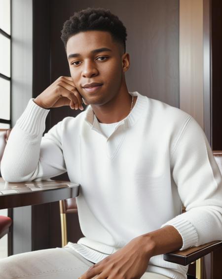(masterpiece:1.2, best quality),(finely detailed beautiful eyes:1.2),(extremely detailed CG unity 8k wallpaper, masterpiece, best quality, ultra-detailed, best shadow),(restaurant background),(beautiful detailed face, beautiful detailed eyes),High contrast,(best illumination, an extremely delicate and beautiful), photo of 19 y.o black man, white shoe, full body shot, ((sitting)), ((table)), ((chair)), ((eating)), ((white sweater)), (face cap), <lora:kayomide-06:1>, 6500k, 8k UHD highres, high quality,