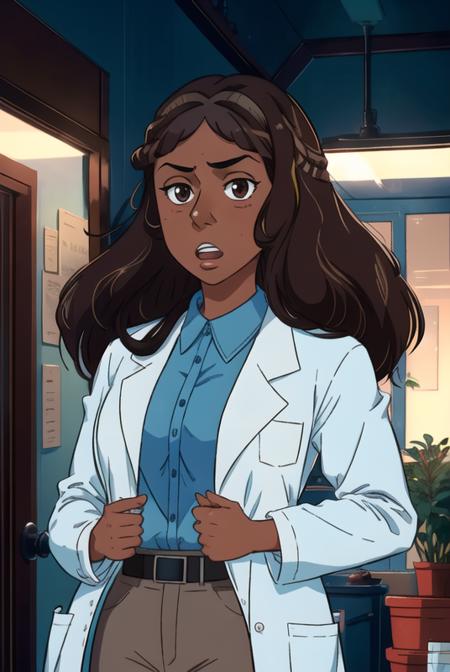 <lora:priyanka_maheswaran:0.8>, priyanka maheswaran, masterpiece, best quality, 1girl, solo, brown hair, long hair, open mouth, dark skin, shirt, blue shirt, indoors, labcoat, long sleeves, belt, dark-skinned female, parody, upper body, black eyes