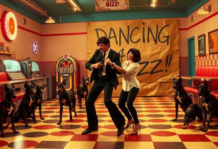 Create an image of a lively dance scene reminiscent of the iconic moment in “Pulp Fiction,” but with a unique twist. The setting is a retro-themed 1950s diner with checkered floors, neon lights, and a jukebox playing in the background. In the foreground, two characters are dancing: one is a man with dark hair, wearing a black suit, white shirt, and tie, and the other is a woman with a short black bob haircut, dressed in a white blouse and black pants. They are mid-dance, striking a playful pose with confident expressions, one pointing towards the other.
Surrounding the dance floor are several dobermans with menacing postures, their eyes glowing a fiery red, giving the scene a surreal and eerie atmosphere. In the background, prominently displayed, is a large cardboard sign that reads “DANCING 4 BUZZ!” in bold, hand-drawn letters. The sign adds a quirky, almost playful element to the otherwise intense and otherworldly scene, blending humor with the ominous vibe of the dobermans. The overall image should feel dynamic, with a mix of cool, rebellious energy and surreal tension.