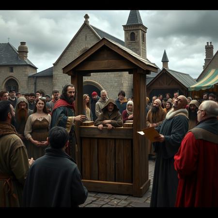 A medieval town square with a wooden stocks at the center, a nobleman in fine robes pointing at a poor farmer locked inside. A crowd of mixed social classes watches—some jeering, others looking uneasy. A scribe records the punishment on parchment, while a priest stands nearby with a disapproving expression. The background features a stone church and market stalls, with a gloomy, overcast sky