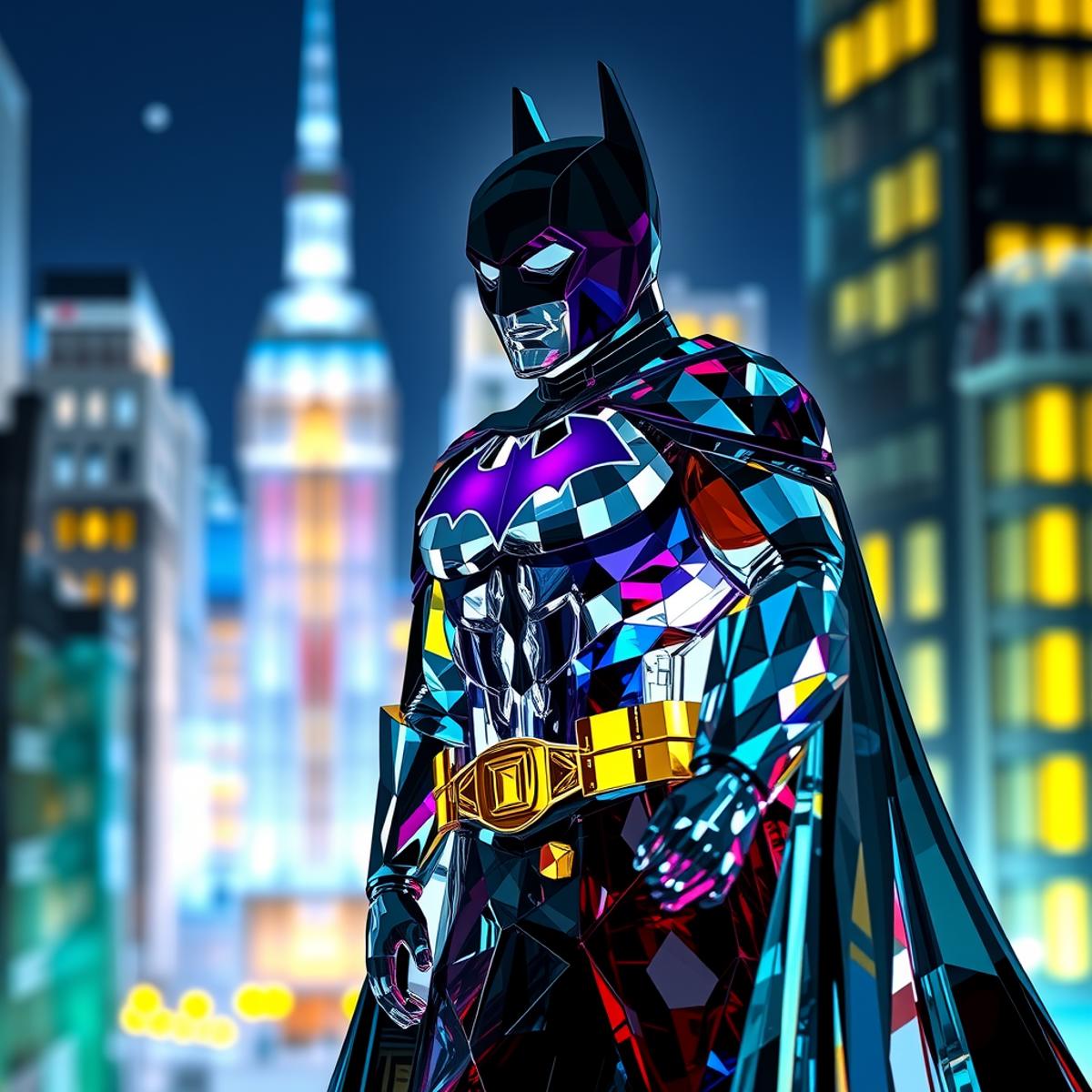 colored batman made of crystal,highly detailed,cotham city at night,masterpiece,high quality,pamcrystal