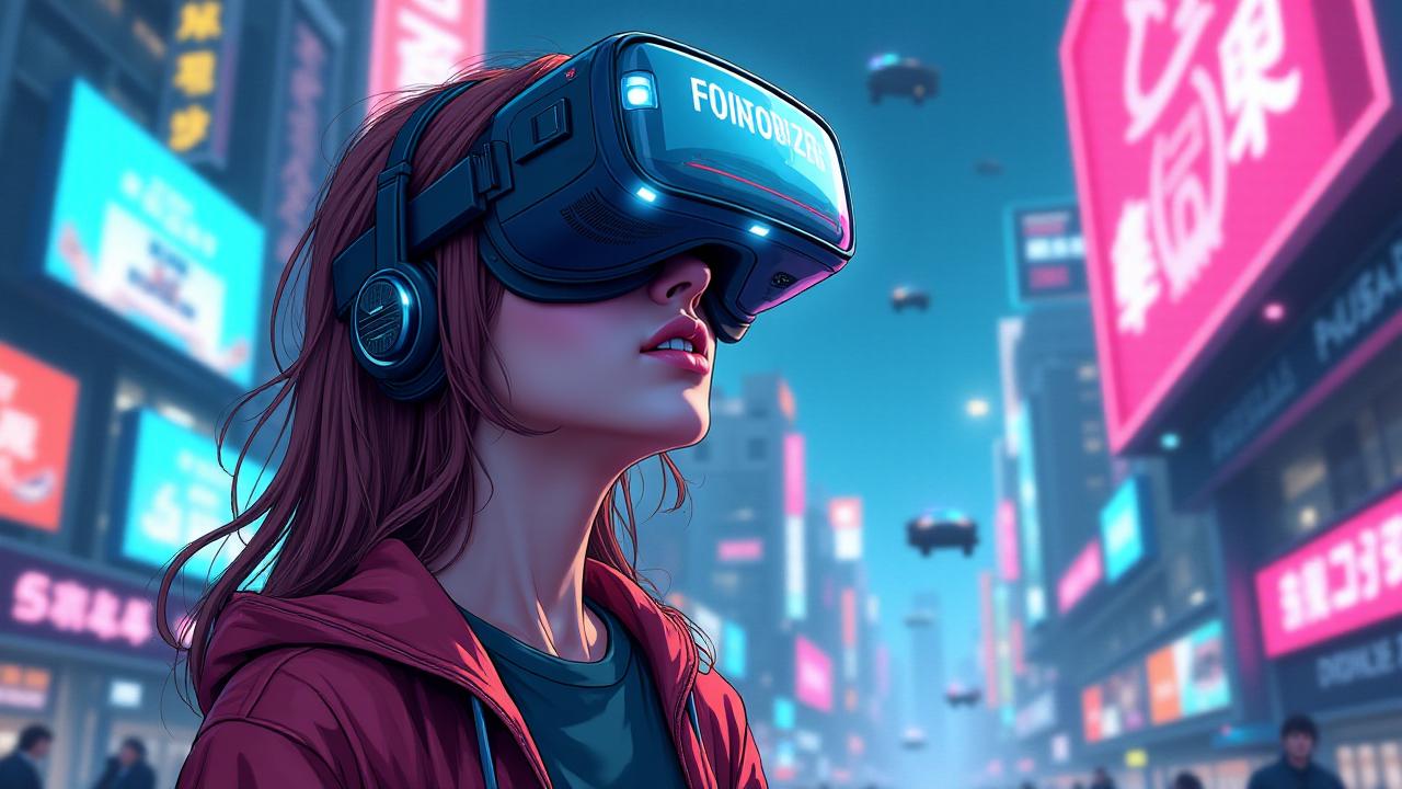 comic a girl playing virtual reality, cities of the future around her, futuristic cars flying in the sky, holograms-advertisements around her, raw, hdr, 8k textures, extreme detail, hight detailed skin texture, epic details, high sharpness . graphic illustration, comic art, graphic novel art, vibrant, highly detailed