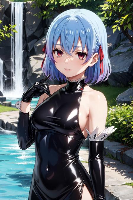 masterpiece, best quality, light smile, cowboy shot BREAK rutiragnason, blue hair, red eyes, short hair BREAK (latex:1.2) dress, detached sleeves, (latex gloves:1.2), (black latex:1.2) BREAK waterfall background <lora:ruti-sd15-1:0.6>