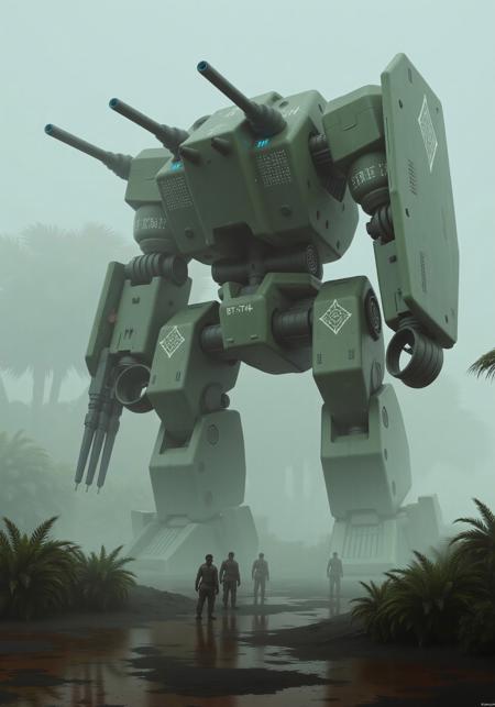 (Digital illustration, cinematic side-shot, ultra-realistic, foggy post-apocalyptic landscape)
Side view, dutch angle, BT-7274, the Vanguard-class Titan, stands solemn and towering in a fog-drenched battlefield, massive autocannon and shield radiate divine menace, massive weapon systems integrated with cybernetic rune circuits. Its armor is scratched and battle-worn, painted with military green tones and the white “BT-7274” marking across its chassis. (Heavy industrial frame, glowing blue optic, hydraulic limbs, grounded military design). A group of human soldiers, dwarfed by its scale, advances cautiously in front, weapons ready.
(Foreground: muddy, rain jungle with shrub, ferns; Background: giant rain Jungles tree, ferns, still water reflecting gray skies). A soldiers stands watchfully near the edge of the frame, heightening the sense of unease.
(Muted palette, thick fog, somber tension, grounded sci-fi realism, narrative composition, high cinematic atmosphere)