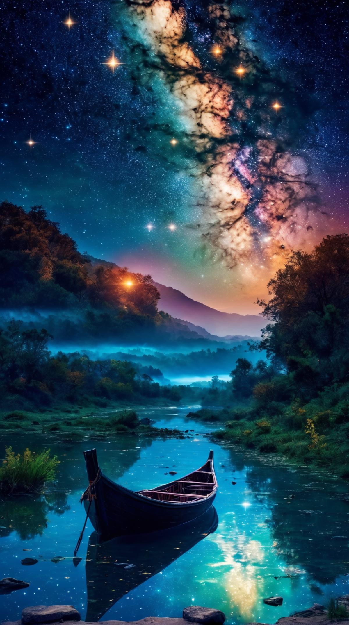 A boat on a river with a starry night sky.