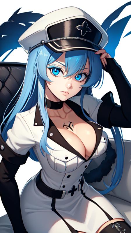 <lora:WesternAnimeLike-000016:0.7> 
WesternAnimeLike, 
<lora:esdeath-v2-10:0.8> , 
1girl, esdeath, blue hair, blue eyes, chest tattoo, breasts, cleavage, collarbone, hat, large breasts, long hair, looking at viewer, peaked cap, sitting, smile, thighhighs, couch,  military uniform, simple background, white background, 
(((masterpiece))), (highest quality), ((perfect face)), very deep eyes, (cinematic lighting), detailed eyes, best quality, bishoujo, sidelight, highres, (intricate details),