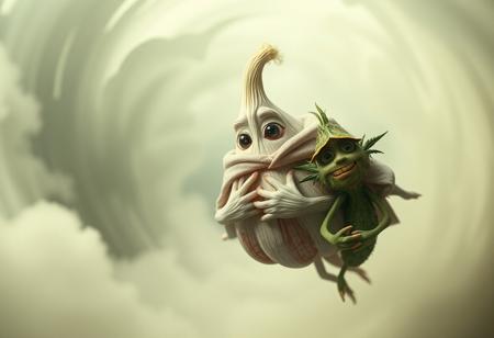 Envision a scene where a human-like garlic figure floats in a surreal, swirling fog. This garlic character has a face with expressive eyes making direct contact with the viewer, and delicate, leafy “hands” that emerge from its cloves, adjusting a windswept cloak around its shoulders. Beside it, a relaxed weed bud character, with a sly grin, leans close, puffing a smoky cloud that drifts into the spiraling air around them. The image, captured in award-winning detail, appears like a high-resolution 35mm photograph, with a grainy, vintage feel, touched by Kodachrome warmth and a soft vignette that adds to its otherworldly, Lomography-inspired charm.