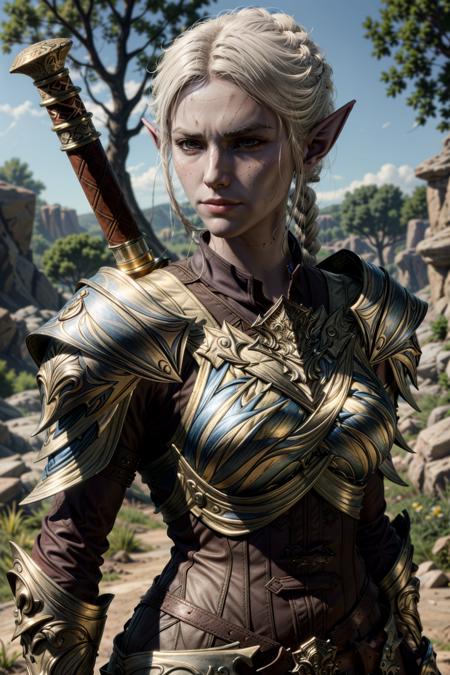 MintharaBG, solo, pointy ears, 1girl, armor, elf, blurry background, outdoors, breastplate, weapon, blurry, day, shoulder armor, tree, sword, upper body, colored skin, braid, white hair, brown eyes, closed mouth, blonde hair, lips, realistic,
masterpiece, best quality,
<lora:epi_noiseoffset2:1>,  <lora:add_detail:0.7>,  <lora:MintharaBG:0.7>