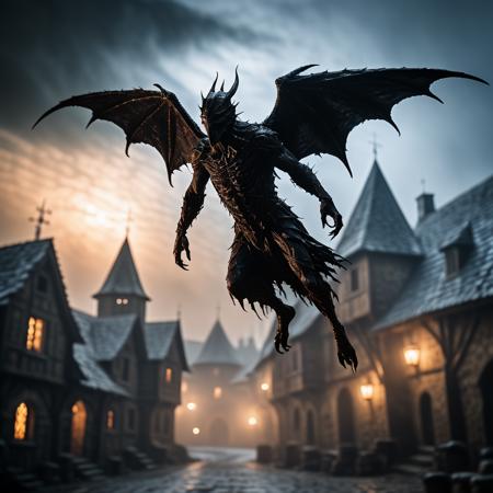 highly detailed cinematic photo of a nightgaunt flying high in the sky above a medieval village, arms,
(((flying in the sky)))



realistic, depth of field, blurry background,


photorealistic,
horror, eerie,
cinematic photography,
silhouette lighting,


