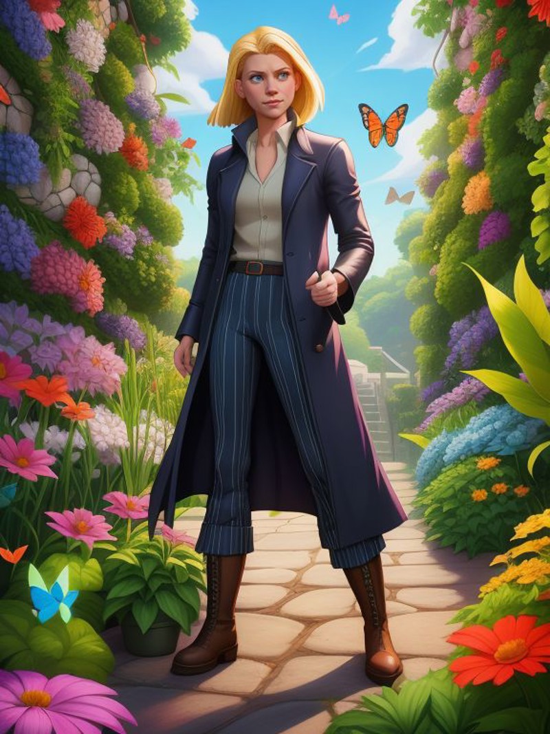 Claire Danes,  long coat, pinstripe pants, and leather boots , A place full of gardens suspended by ropes and chains and b...