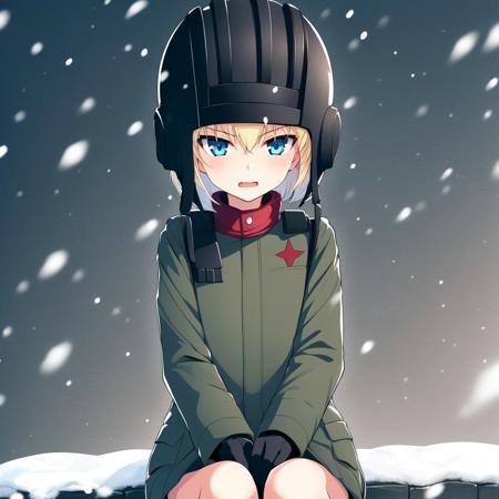 best quality, masterpiece, 1girl, katyusha, blonde hair, blue eyes, bob cut, flat chest, pravda school uniform, helmet, sitting, snow <lora:katyusha-18:0.9>