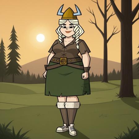 1girl, brown corset, belt, dark green skirt, sneakers, winter socks, light blonde hair, twin braids, helmet with horns, plump, breasts, dark skin, total drama, Tammy_(Total_Drama), tdtrr, cute, wristwear