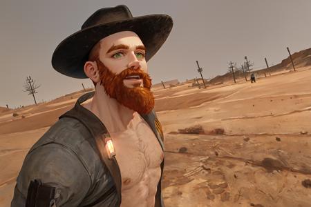 1boy, solo, handsome man, ginger beard, cowboy hat,  illustration, drawing, professional, defined shadows, accurate figure, easthetically pleasing, correct hands, post apocalyptic, desert wasteland background, best quality, portrait, (masterpiece, top quality, best quality), trending on artstation, artstation,  <lora:cragsand:0.70>, looking at you, portrait, green eyes, fighting pose, firsts raised, shirtless, flex