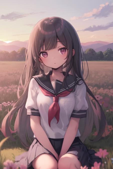 masterpiece, best quality, 1girl, upper body, sitting, blunt bangs, long hair,  , black hair, school uniform, serafuku, outdoors, scenery, field, flower, natural lighting, sunset, blurry background, <lora:softpastel:1.0>