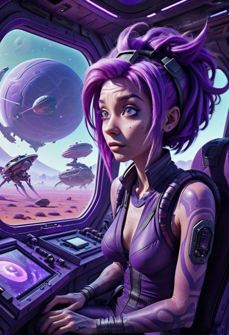 A woman with purple hair sitting in the cockpit of her spaceship in front of an alien planet with strange creatures walking around outside as she stares at them in wonderment on her monitor screen