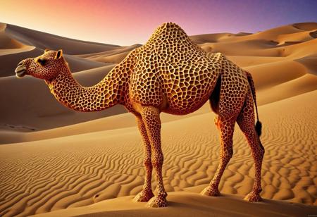 Geometric Transformation, ((camel)) made out of voronoi,  basalt columns, Basiphobia, sand dunes, sand, spring, dawn, dramatic, vibrant colors, vivid colors, Masterpiece, best quality, amazing quality, volumetric lighting, SFW, PG, exquisite detail, digital art, highly detailed, beautiful, surreal, lazypos,