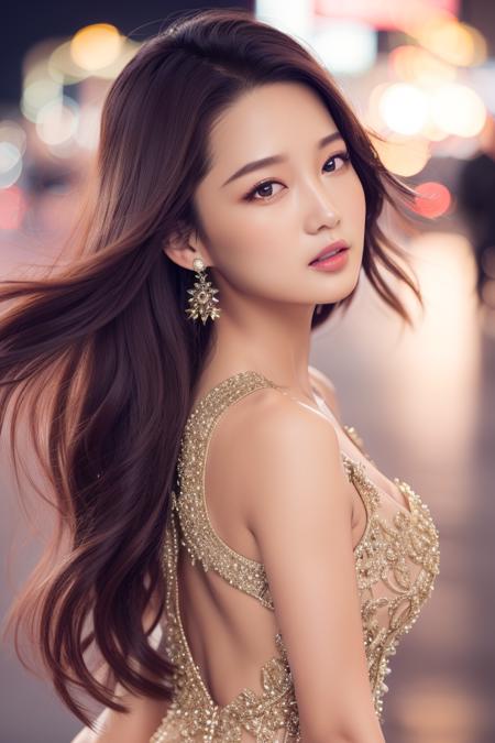 (dress:1.5), depth of field, night cityscape, (1girl:1.6),   long hair, ulzzang-6500v1.1, (original: 1.2), (realistic: 1.3) , beautiful girl with beautiful details, extremely detailed eyes and face, eyes with beautiful details, absurd, incredibly absurd, huge file size, ultra detail, high resolution, ultra detailed, best quality, masterpiece, illustration, ultra detailed and beautiful, ultra detailed, CG, unity, 8k wallpaper, amazing, fine Detail, masterpiece, top quality, official art, extremely detailed CG unity 8k wallpaper, cinematic lighting, (perfect shiny skin:0.6), slim and smooth lines, (floating), (small breasts:1),  earrings ,    <lora:Liqin_v1:0.7>