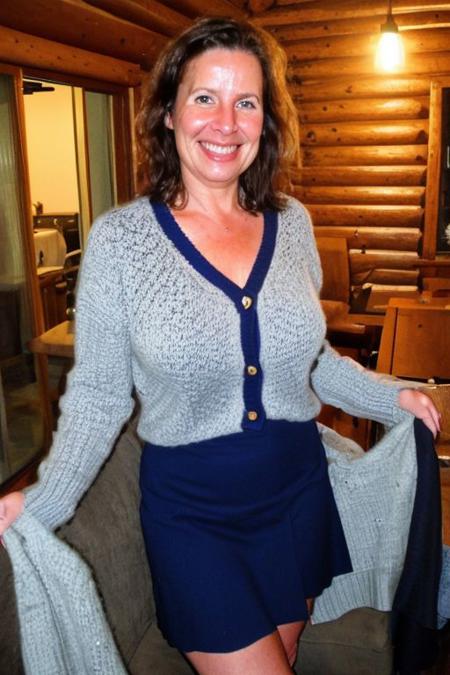 photo of christa, a cute slim girl, massive natural breasts, Mountain retreat, cozy cabin,  knit cardigan sweater, skirt