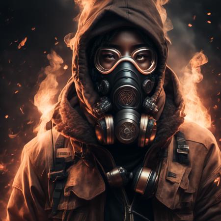 photo Surrounded by fire, hip hop pose, Portrait of the Gas Mask Senpai (GasmaskSenpai style:1) <lora:djzGasmaskSenpai:0.8)