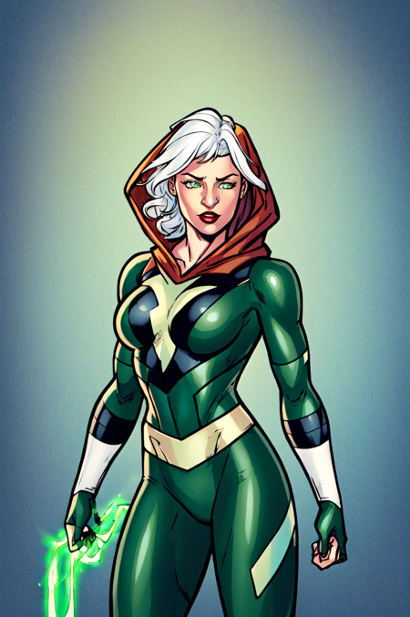 masterpiece, best quality, 1girl, red lips, solo, green eyes, green and yellow body suit, curly hair, multicolored hair, white hair, auburn hair, two-tone hair,ombre , Rogue of the X-men, Anna Lebeau, bangs, hood, side lighting, skiny skin, superhero,best illustration,