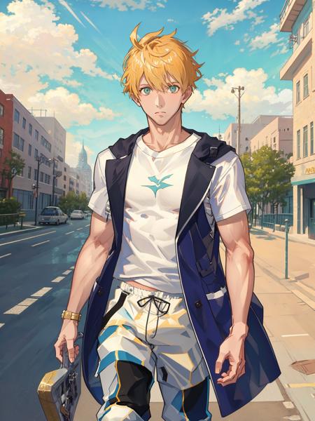 arthur pendragon (fate),upper body,white shirt,sport pants,1boy,street,masterpiece, best quality,  <lora:jiujian-v2-000008:1>