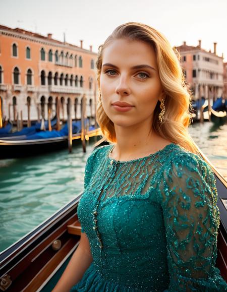 <lora:sc4rj0_SDXL_SGX:1.1>,(medium close-up) photograph of (beautiful 24 year old) (sc4rj0:1.2) woman with blond hair,as a tourist,wearing a teal blouse, with a serene expression, she sits in a gleaming mahogany gondola, gliding through the shimmering canals of Venice. Golden hour sunlight bathes the scene in a warm, honey-hued glow, casting long shadows and illuminating her features with a soft radiance. The gondola's ornate brass decorations glint in the fading light, mirrored in the calm waters below. Venetian architecture of St. Mark's Square rises majestically in the background, its weathered facades a testament to centuries past,face focus,sharp focus,depth of field,facing viewer,rich details,clear shadows and highlights,realistic,highly detailed,
