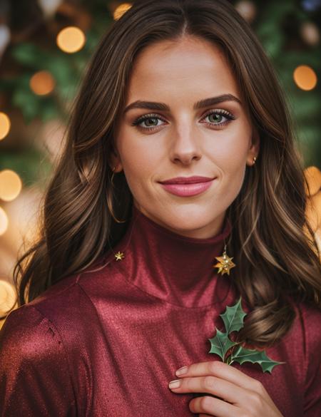 photo of (is4b3l) woman, ((close portrait photo)), RAW, nature, Spectacular light, Christmas Turtleneck dress, Colorful flowering, 8k, soft lighting, high quality, film grain, Olympus OM1 sharp focus, f 3.4, (eye shadow), (eyeliner), (seductive pose), upper body, smile, breast, Christmas, Christmas decorations