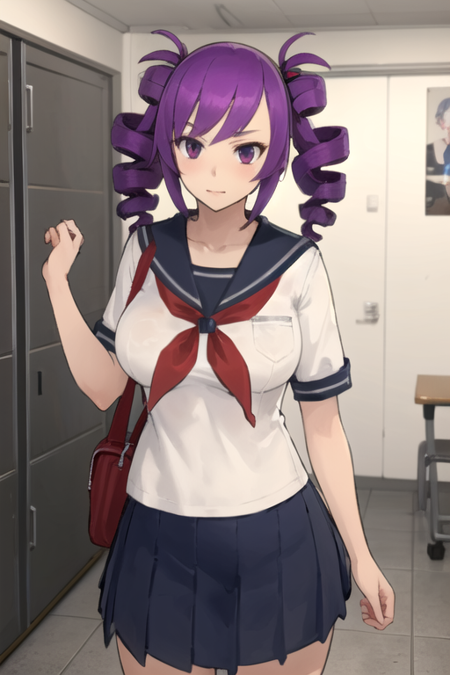 KokonaHaruka, 1girl, solo, pleated skirt, large breasts, shirt, twintails, school uniform, purple eyes, purple hair, serafuku, drill hair, twin drills