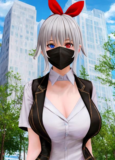 Harem_Hotel_android, 1girl, solo, short hair, large breasts, shirt, red eyes, bow, cleavage, white shirt, upper body, hair bow, grey hair, outdoors, sky, day, cloud, vest, red bow, tree, blue sky, grey eyes, mask, detached collar, heterochromia, building, mouth mask <lora:Harem_Hotel_android-10:0.6>, Heterochromia iridum, right eye white, left eye red, unique condition, striking contrast, pure white, vibrant red, mesmerizing appearance,