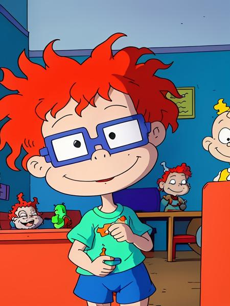 <lora:Rugrats+AGU-22:0.76> 1girl, solo, boy, toddler, white skin, messy red hair, glasses, smiling, baby toys, kindergarden, blue shirt, green shorts