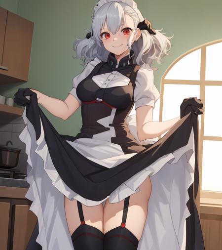 1girl, spas12, kitchen, (agentsfnormal:1.2), cowboy shot, maid, skirt lift, smile, white hair, horns, black dress, white shirt, puffy short sleeves, 
<lora:SPAS12:1> <lora:AgentSFNormal_Costume:1>