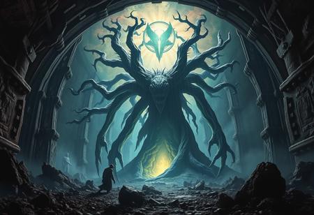 BEHOLD moblin, A universe inside a universe within mysteriously unknowable known in an unfathomable realm of fantastic creation inhabited by ancient shadows of a forgotten time beyond the gate of the gateless gate where life is limitless, light is shadow and shadow is light, eerie sense, horror, spark of the beginning, existence and nonexistence at once, ethereal, behold the end of the beginning, inglorious glory to the dark one, betrayal of the ancient order, beware 7headed beast, destroyer of old ways, bearer of unbearable, nightmarish, archaic runes, tree aging backwards, breath of gods, ruins of a place unimagined, extreme intricate detail, photorealistic, beyond epic scene, fate discarded, unseeable face of god, the end is the beginning, the beginning is the end, man arises as god dies, as above so below, as below so above, emerald tablet, thoth, guardian and saboteur of existence, hopeless hope, ghosts of the unborn, conception of the inconceivable, cosmic well of imperceptible perception, evil aura, infinite emptiness, pillars of void, overwhelming subtlety, abstract sacred geometry, beams of readiness without intention, gift of doom, despair of the ages, hidden secret warnings from dead gods, carved by the conductor of unholy loneliness of time incarnate, consumed by the night itself, beautiful tragedy of hellish discovery, unraveling mist of unreal reality, proclaim the nameless name of collapsed eternity, infernal maleficium, flameless fire, whores, whores, whores