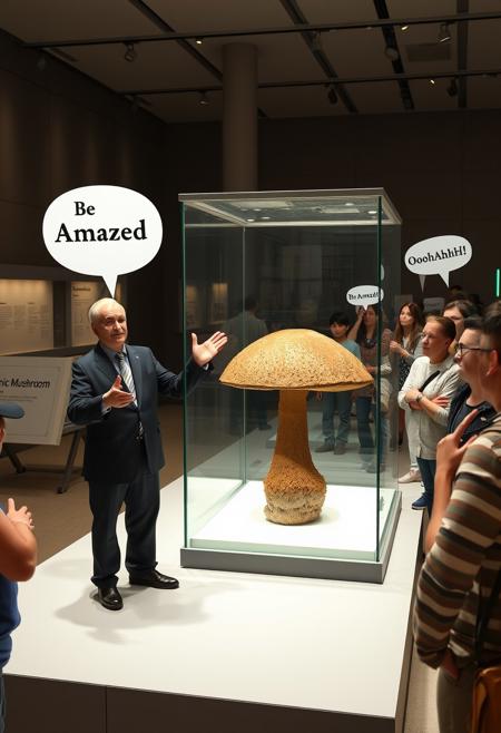 Create a hyper-realistic, hyper-detailed depiction of a museum exhibit featuring a completely ordinary, generic mushroom behind a glass case. A sign next to the exhibit reads "Generic Mushroom" in plain, black letters. A tour guide stands next to the case, gesturing enthusiastically as he says "Be Amazed" to a group of people gathered around him. The group responds with a collective "Ooooh Ahhhh!", their faces filled with exaggerated expressions of wonder and awe. The mushroom itself is a dull, brown color, with no discernible features or characteristics that would make it stand out in any way. Style: hyper-realistic, detailed, satirical. Colors: brown, beige, glass. Highest-Quality, 4k, Masterpiece