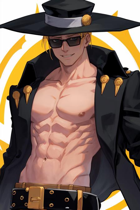 masterpiece, best quality, 1boy, solo, standing, <lora:johnny-gg-richy-v1:1> johnny, coat, sunglasses, hat, smirk, upper body, abs, pectorals, belt, open clothes