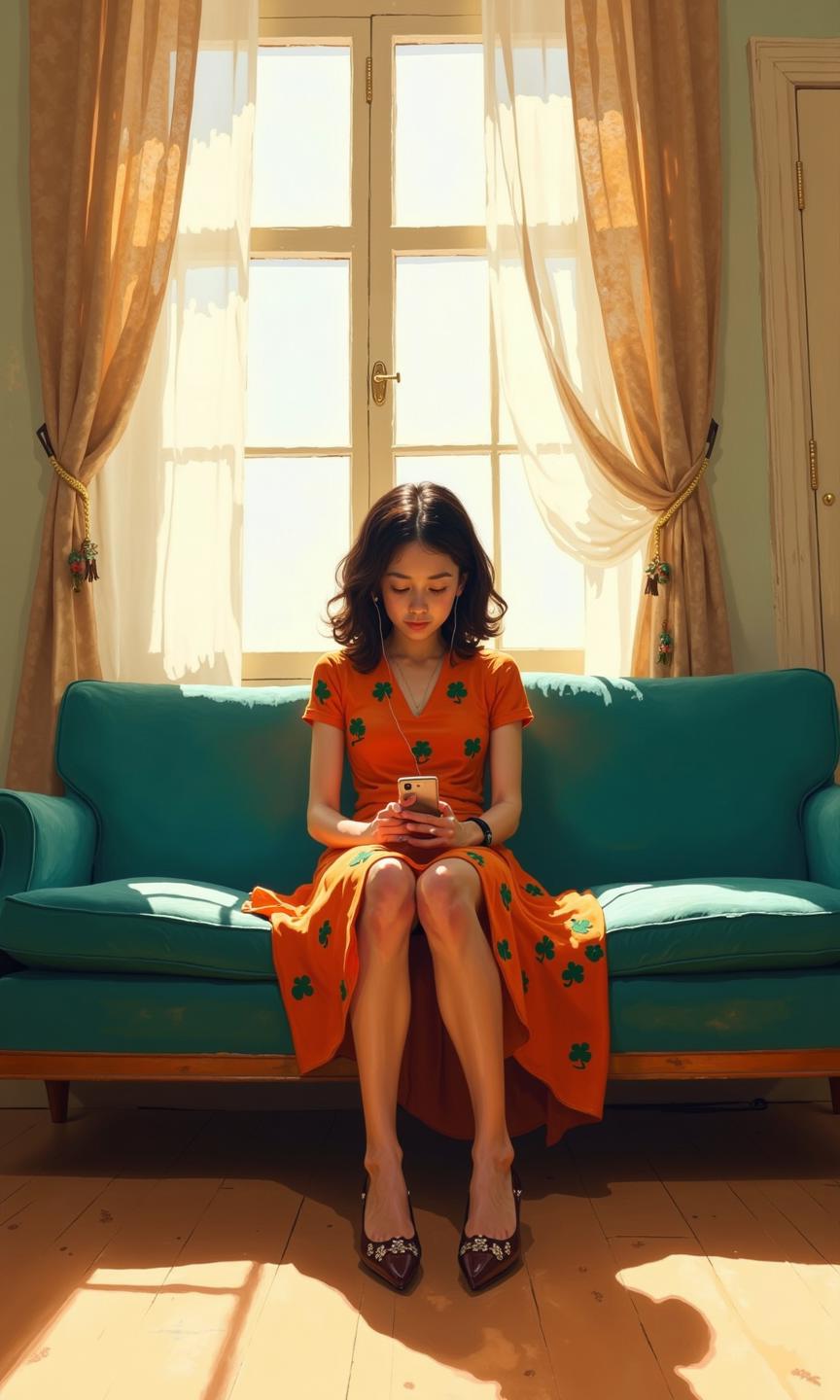 Full indoor shot of a woman seated on a teal-colored couch. 
The woman is centered in the image and is light-skinned with dark brown, shoulder-length hair styled in loose curls.  She is wearing an orange dress with small, dark green clover-shaped designs throughout. The dress is a mid-length, knee-length style.  She appears to be looking down at a small, handheld device held in both hands, possibly a smartphone, and has earbuds inserted in her ears.
Her legs are crossed, and the woman wears dark brown heels with embellishments, positioned on a light-colored wooden floor.  
The couch she sits on is a teal color with a visible wood frame.  A large window with sheer beige/cream curtains fills the upper portion of the image, illuminating the scene with a soft light.   
A light-colored wooden door frame is visible on the right side of the image, with the door only partially visible. Warm, muted tones dominate the image. The style suggests a painting or a highly detailed illustration. 
<lora:FLUX-daubrez-DB4RZ-v2:1> DB4RZ, DB4RZ style painting