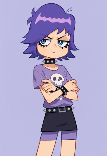 yum1 y0shimur4, purple hair, blue eyes, spiked collar, spiked bracelet, purple shirt, skull print, black skirt, purple shorts, black footwear