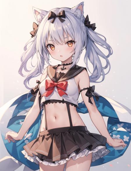 1girl, cowboy shot,
yukikaze \(azur lane\), crop top, miniskirt, 
<lora:yukikaze_regular:1>, masterpiece, best quality,