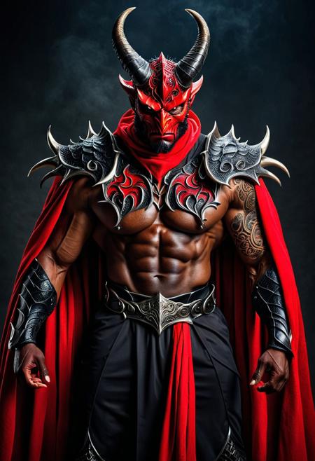 8k, score_9, score_8_up, score_7_up,
masterpiece,realistic,ultra detailed, vibrant colors,photo-realistic,from back,
Powerful demon, (male:1.0), (ethnicity:1.0),  (detailed clothing:1.2), (accessories:1.3), (detailed tattoos:1.3) ,  (muscular body:1.2), (fierce expression:1.2), (intense gaze:1.2),  (pose:1.2), centered in the frame, facing forward,  reddish-dark skin,The knight's armorwith its organic design　covering body and arms,  large horns, Giant dragon wings, devil's tail, (detailed facial features:1.2), (powerful jawline:1.1),  (red demonic mask:1.2) , dark gray and black armor-like clothing, layered over a red robe, dark gray cloth-like, and dark accessories.  dark, shadowed background,  dynamic pose,  dramatic lighting,  high contrast,  photorealistic style,  digital art,  sharp focus,  highly detailed, 8k resolution.