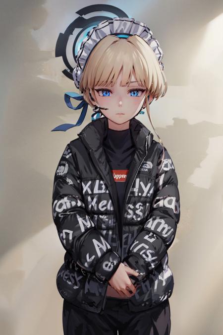 (masterpiece, best quality:1.2), <lora:ba_toki_pruned-10:0.8>, <lora:attire_dripmeme-10:1>, solo, 1girl, tokirnd, expressionless, closed mouth, own hands together, short blonde hair, maid headdress, blue eyes, dripjacket