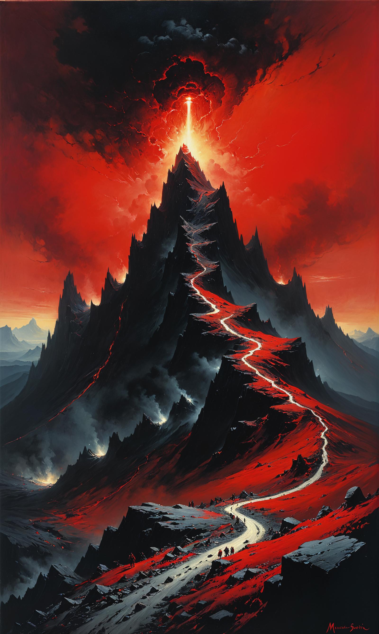 A painting of a red mountain with a yellow trail leading up to the top.