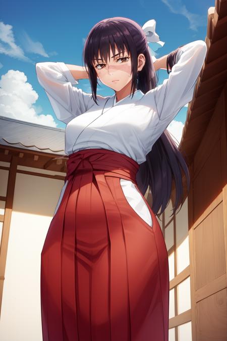 IoriCD1, 1girl, solo, long hair, solo, black hair, bow, japanese clothes, hair bow, miko, looking at viewer, cowboy shot, scar, skirt, hakama, red hakama, brown eyes, closed mouth, hakama skirt, scar on face, bangs, wide sleeves, cowboy shot, long sleeves, ribbon, standing, arms behind head, arms up, hair ribbon, ponytail, white bow, scar on nose, half updo, outdoors, sky, clouds, day, buildings, pagoda, blue sky, bamboo, (from below:1.2), <lora:IoriCD1:0.8>
BREAK
masterpiece, best quality, highly detailed background, perfect lightingbest quality, ((shiny skin, glossy skin, detailed skin))