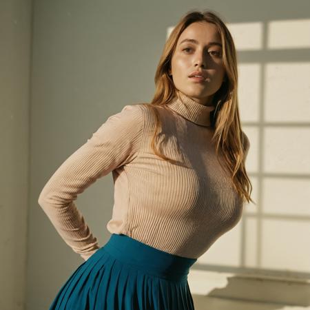 RAW full body analogue photo of a beautiful 20 years old woman, clear focus, 8K,__Random_Woman__,perfect face, sexy pose, wearing stylish mock turtleneck top with a pleated skirt made of lightweight material, demonstrating her dance moves with flair, perfect eyes, detailed eyes, detailed iris, realistic skin, absolute perfect tits, soft tits, natural tits ,high quality, film grain, Fujifilm XT3, 8k uhd, dslr, film grain, kodak tri-x 400 film, grain photo DOF, faint lighting, dynamic angle, cinematic, Depth of field, bokeh, best quality, cinematic, light particles, highly_detailed, very_aesthetic, golden hour, beautiful_and_aesthetic ,Sexy pose, erotic pose, exhibitionism, large breasts (sexy thicc body)